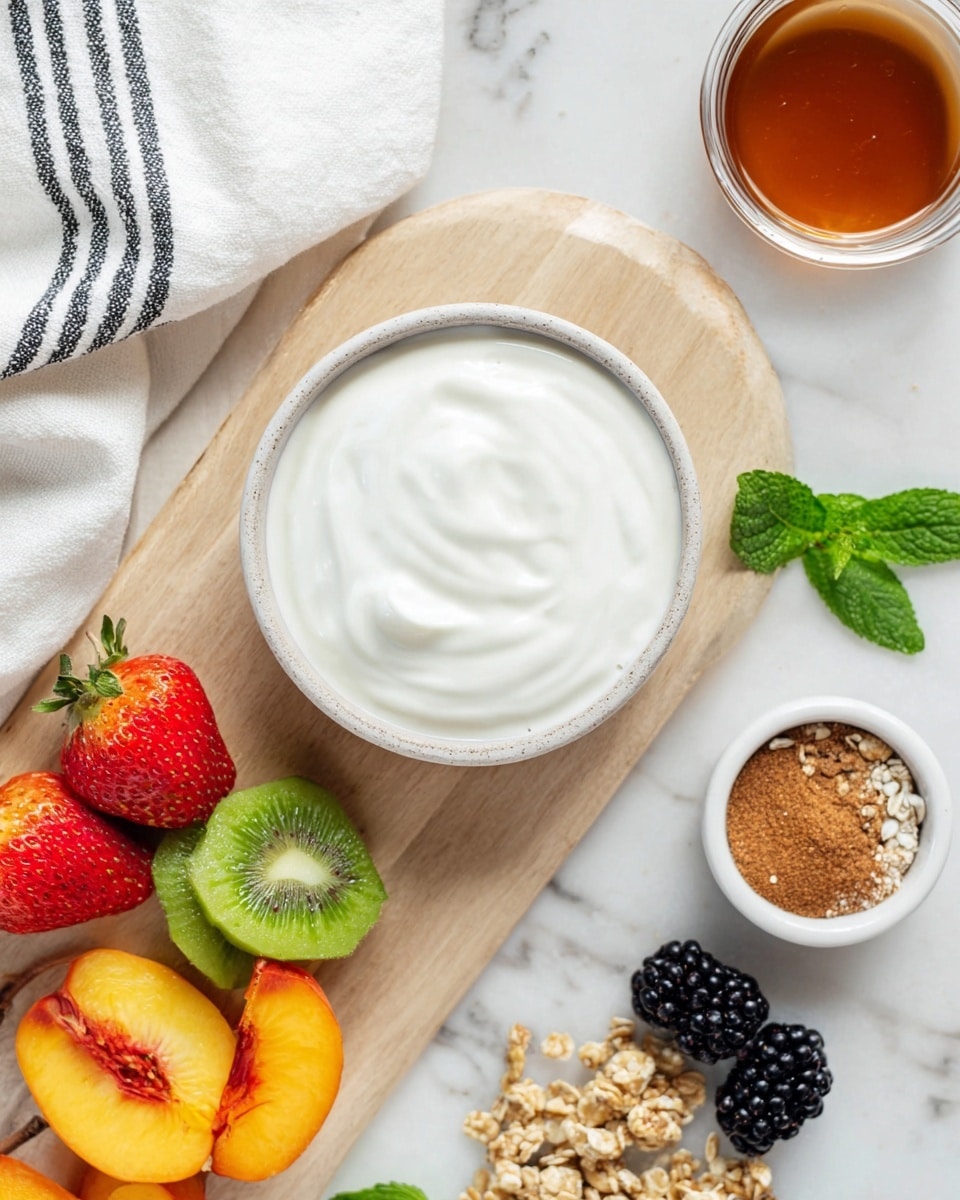 A white bowl filled with smooth, creamy white yogurt sits on a wooden board with a light wood grain texture. Nearby, there are three bright red strawberries with green leaves arranged next to a vibrant green sliced kiwi and fresh green mint leaves. To the right of the bowl, on a white marbled surface, there are small clusters of light brown granola, three blackberries, a few slices of yellow peach, and a green slice of fruit. Two small bowls are visible, one holding a dark amber liquid and the other a brown powder, both placed on the white marbled background. A white cloth with black stripes is partially visible on the left side. photo taken with an iphone --ar 4:5 --v 7