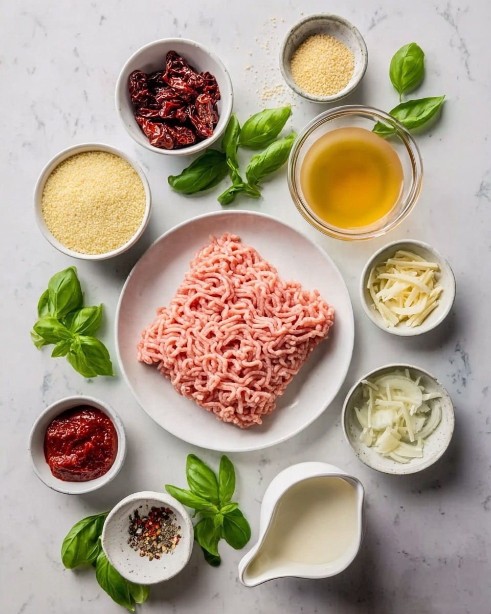 The image shows a white plate in the center with a square portion of raw ground meat, light pink with a soft texture and thin grooves. Around this plate, there are several small white bowls and containers arranged neatly on a white marbled surface. Clockwise from top left, there is a bowl with dark red sun-dried tomatoes, a small bowl with light brown liquid, a clear jug with light yellow broth, a bowl of pale yellow breadcrumbs, and fresh bright green basil leaves scattered on the surface. Below, a small bowl contains dark red paste, next to that a bowl with light grated cheese, a small dish with ground black pepper, a bowl of white chopped onions, a white pitcher with milk, a small bowl holding finely chopped pale yellow garlic, and a tiny container with crushed red pepper flakes. The setup is clean and bright, with all ingredients in focus. Photo taken with an iphone --ar 4:5 --v 7