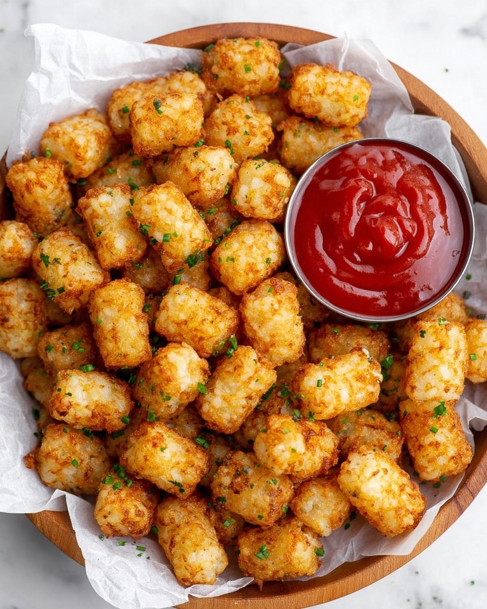 A round wooden bowl holds many small, golden brown tater tots that look crispy, each sprinkled with finely chopped green herbs. The bowl is lined with white parchment paper. On the upper right side inside the bowl, there is a small round silver bowl filled with smooth, bright red ketchup that also has a few bits of green herbs on top. The background is white marbled texture. photo taken with an iphone --ar 4:5 --v 7