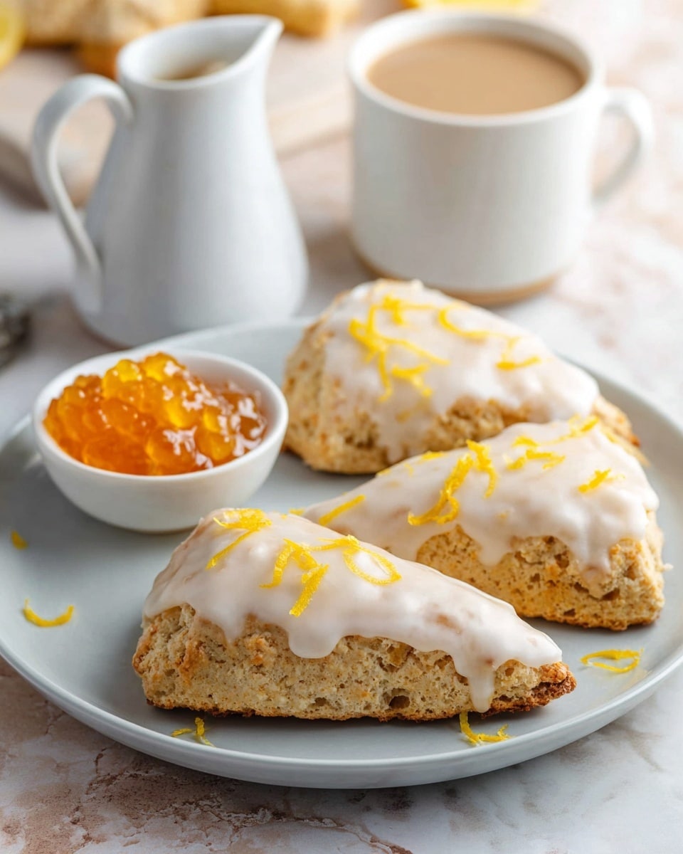 Three triangular scones with a light brown, crumbly texture are placed closely on a white plate. Each scone is covered with a smooth white icing that drips slightly down the sides, topped with thin yellow-orange zest strips. To the left of the scones, a small white bowl holds a bright orange jam with visible fruit pieces and a few zest strips on top. In the background, a white pitcher and a white cup filled with light brown coffee sit on a white marbled surface, with soft focus giving a cozy breakfast feel. Photo taken with an iphone --ar 4:5 --v 7