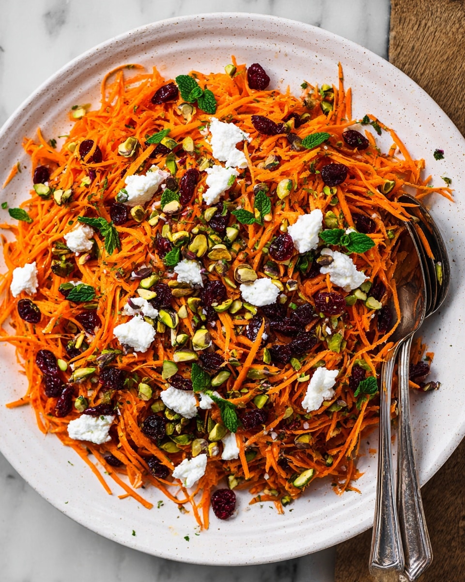 A large white round plate holds a bright orange shredded carrot salad as the base layer, with thin, long strands spread evenly across the plate. Scattered on top are deep red dried cranberries and small, rough pistachio pieces, providing texture and color contrast. Small dollops of soft white cheese are placed randomly on the salad, adding creaminess. Fresh green mint leaves and cilantro are sprinkled throughout for a fresh look. Two silver spoons rest on the right edge of the plate. The plate is placed on a white marbled surface. Photo taken with an iphone --ar 4:5 --v 7