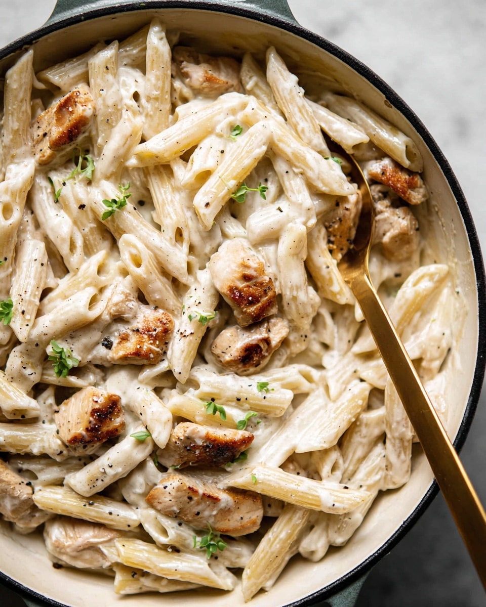 The image shows a close-up of a creamy pasta dish in a white cast iron pan. The penne pasta is coated in a smooth, white sauce with visible specks of black pepper. There are several pieces of browned, sliced cooked chicken mixed throughout the pasta. Small green herb leaves are sprinkled on top for a touch of color. The dish is served with a golden spoon resting inside the pan. The background is a white marbled surface. photo taken with an iphone --ar 4:5 --v 7