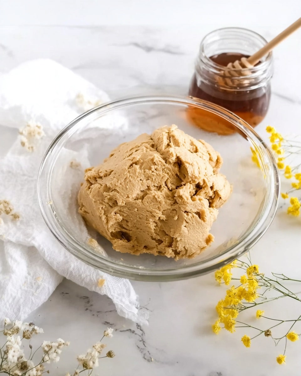 A clear glass bowl sits on a white marbled surface, holding a large lump of light brown dough with a rough, slightly crumbly texture. To the right of the bowl is a small glass jar filled with dark amber honey, with a wooden honey dipper resting inside. A white cloth is casually placed under the bowl, and a few small yellow flowers and delicate baby's breath are scattered on the surface near the bottom right corner. The scene is bright and softly lit, showing a clean and simple baking setup. photo taken with an iphone --ar 4:5 --v 7