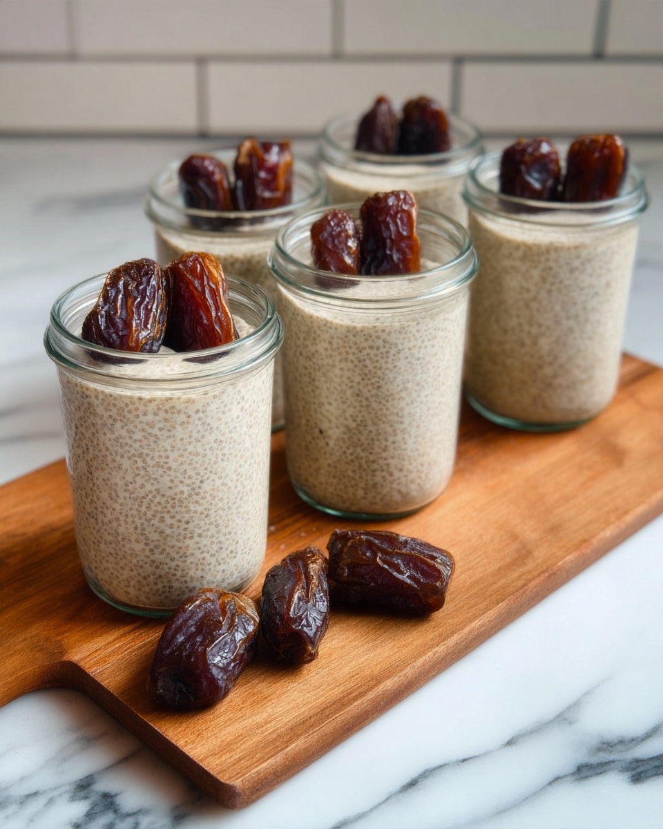 Four clear glass jars are filled with light beige chia seed pudding, each topped with two dark brown dates. The jars sit in a row on a wooden board. Around the jars on the board and on the white marbled surface beside it, there are extra dark brown dates scattered. The background shows white tile. photo taken with an iphone --ar 4:5 --v 7