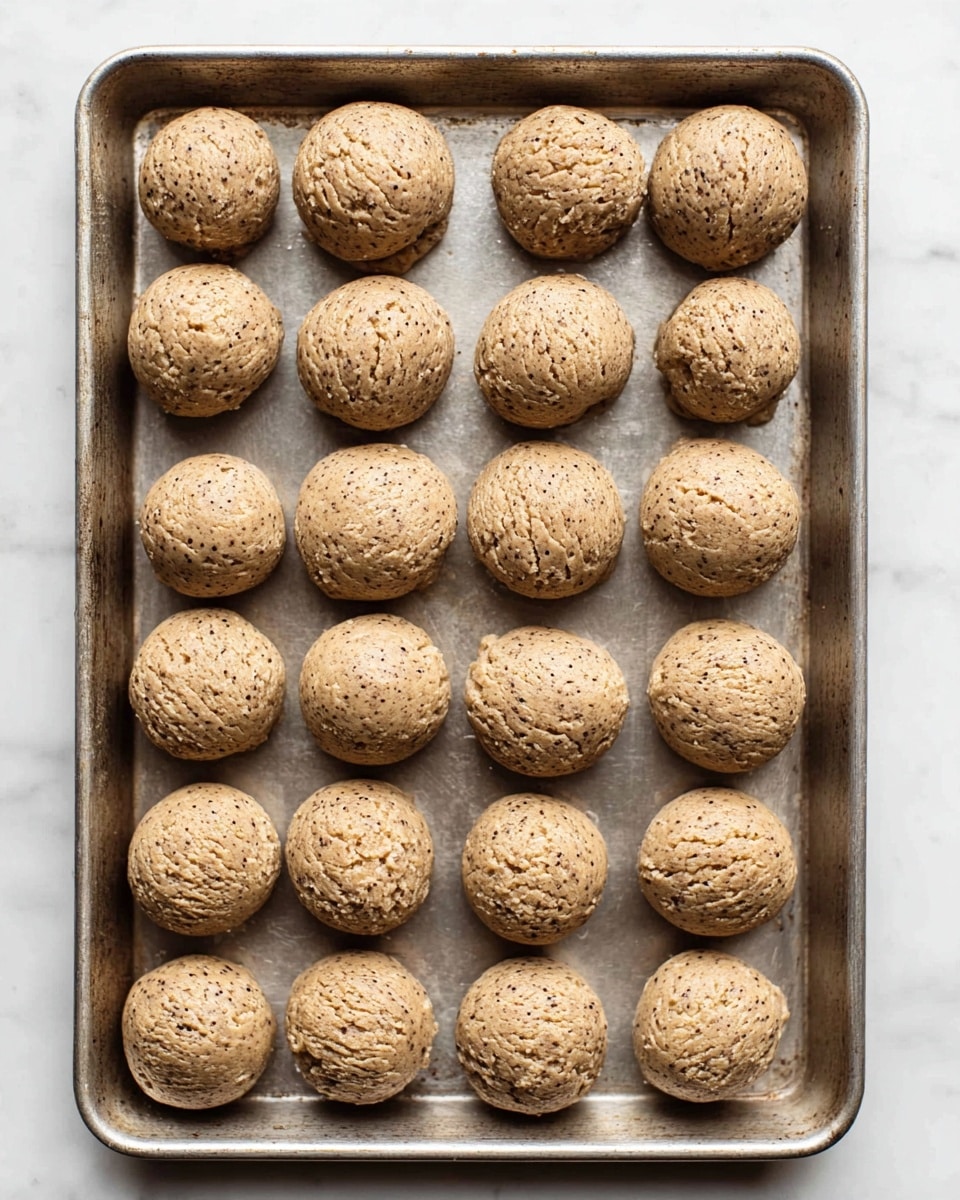 The image shows a metal baking tray filled with 24 round dough balls arranged in a 6 by 4 grid. The dough balls are light brown with many small dark specks, giving them a textured look. Each dough ball has a rough surface with some natural cracks and ridges, showing a dense, slightly crumbly texture. The tray is on a white marbled surface. photo taken with an iphone --ar 4:5 --v 7