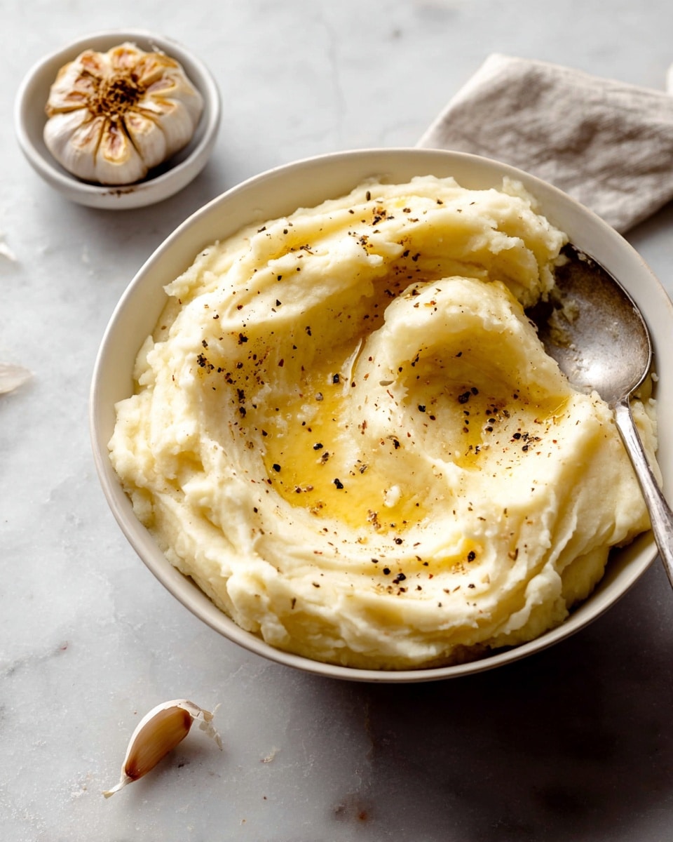 A white bowl filled with a smooth, creamy layer of pale yellow mashed potatoes with a shiny pool of melted butter on top, sprinkled with scattered small black pepper bits. A silver spoon is placed inside the bowl, partly covered by the mashed potatoes, which have a soft, fluffy texture with slight ridges from stirring. Nearby, a whole roasted garlic bulb is set in a small white bowl on a white marbled surface, with a single garlic clove lying beside it. photo taken with an iphone --ar 4:5 --v 7